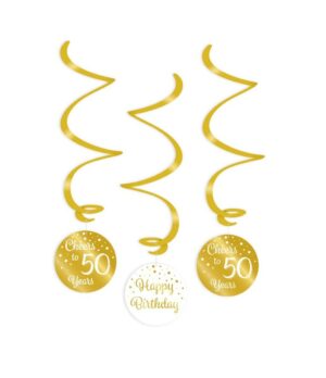 Hangdecoratie Swirl goud/wit 50 jaar | 3 stuks