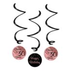 Hangdecoratie Swirl rose/zwart 30 jaar | 3 stuks