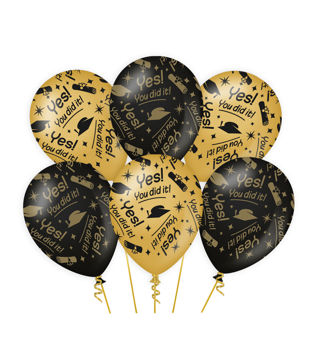 Geslaagd Ballonnen Goud/zwart (6 stuks)