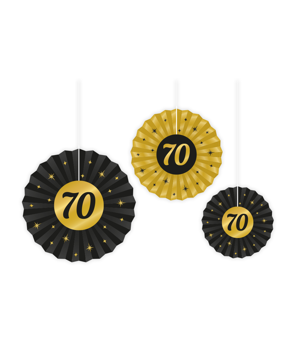 Papieren waaier 70 jaar Goud/zwart | 3 stuks
