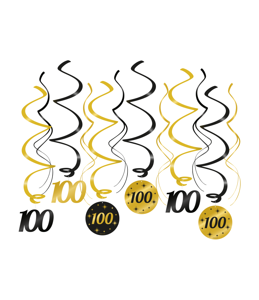 Hangdecoratie Swirl goud/zwart 100 jaar | 6 stuks