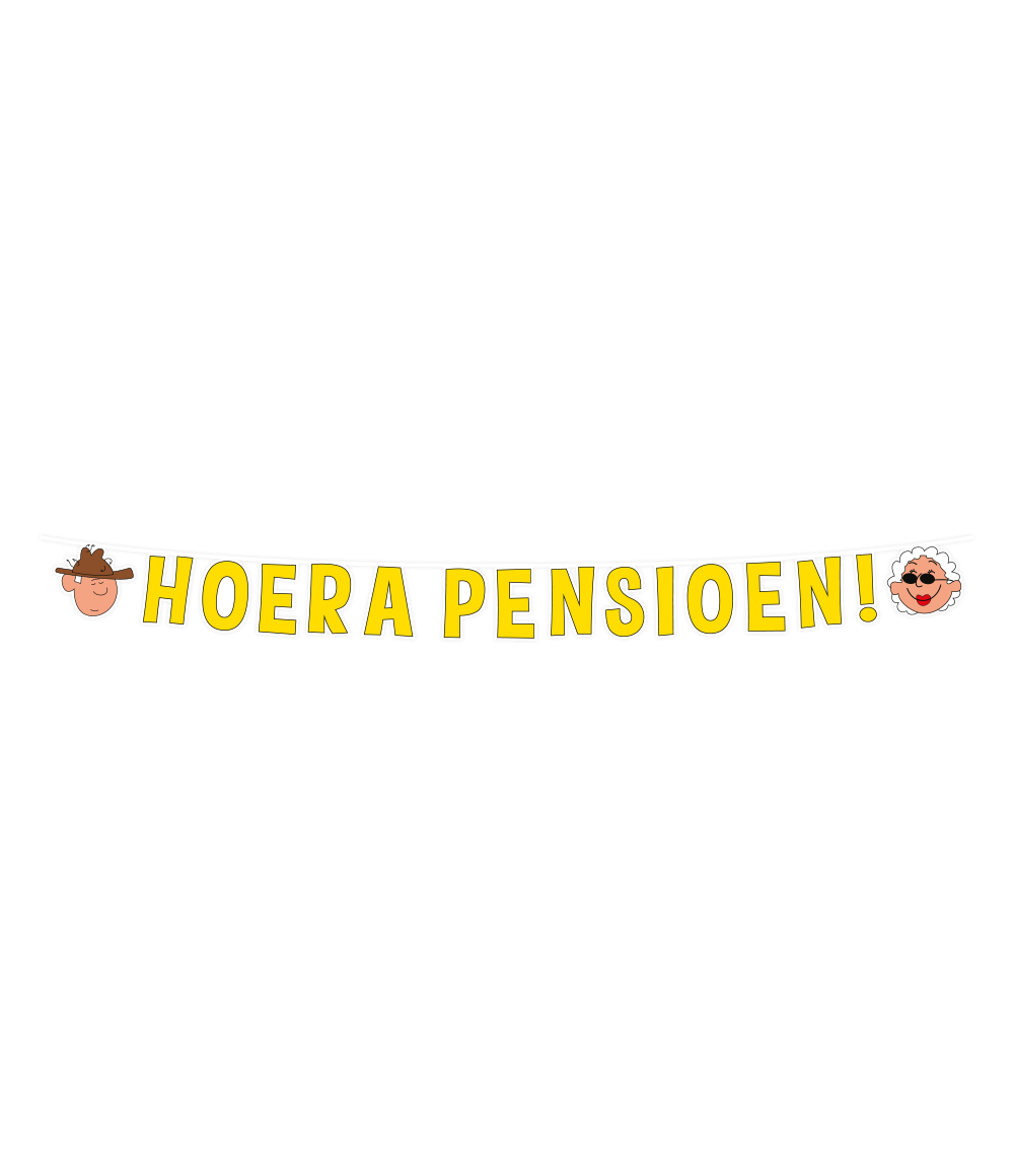 Pensioen Letterslinger Hoera | Cartoon 2,5m Feestdecoratie voor een pensioenfeest bij feestenslingers.nl